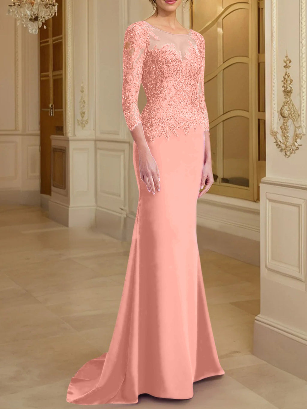 Vestidos de madre de la novia con mangas largas, corte trompeta/sirena y encaje