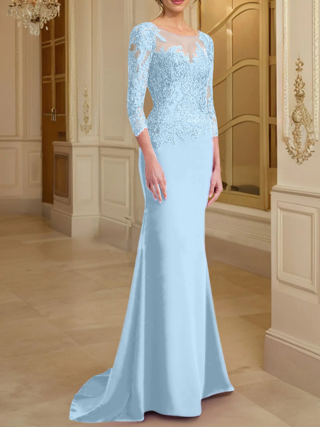 Vestidos de madre de la novia con mangas largas, corte trompeta/sirena y encaje