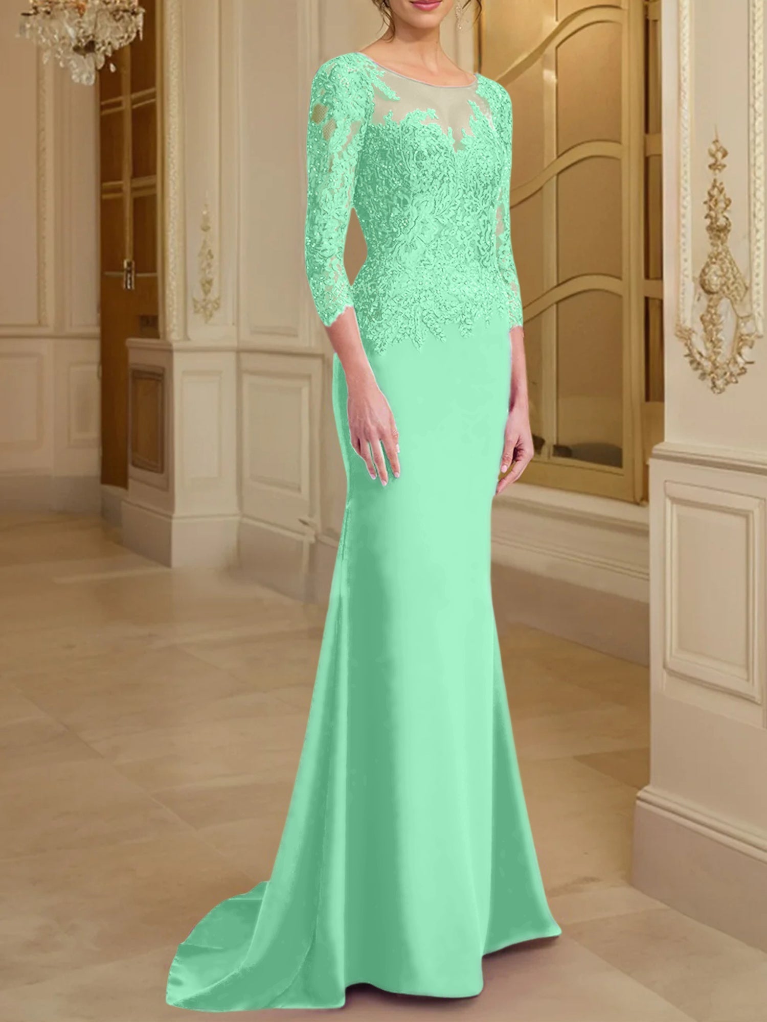 Vestidos de madre de la novia con mangas largas, corte trompeta/sirena y encaje
