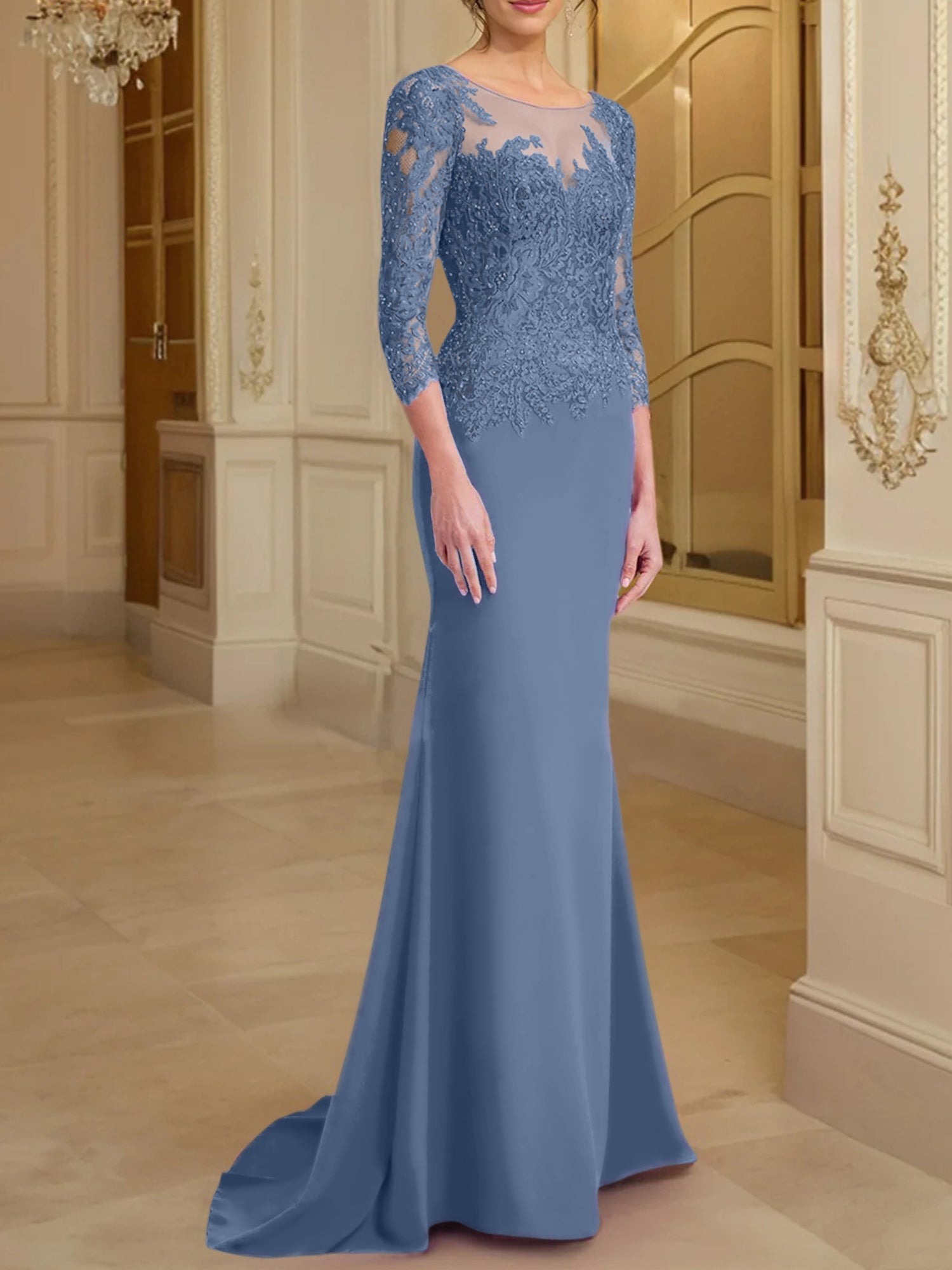 Vestidos de madre de la novia con mangas largas, corte trompeta/sirena y encaje