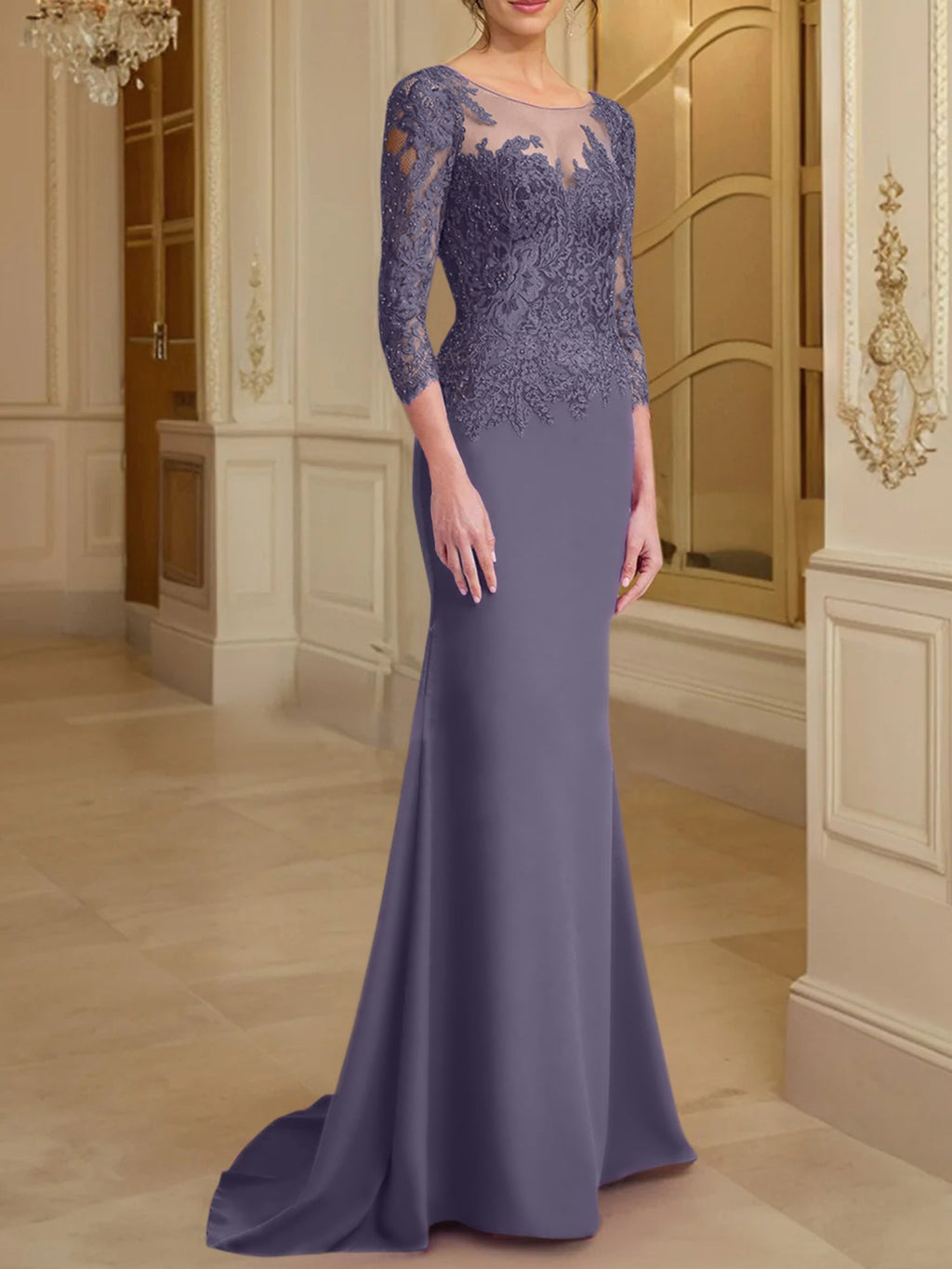 Vestidos de madre de la novia con mangas largas, corte trompeta/sirena y encaje