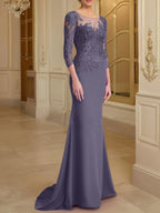 Vestidos de madre de la novia con mangas largas, corte trompeta/sirena y encaje