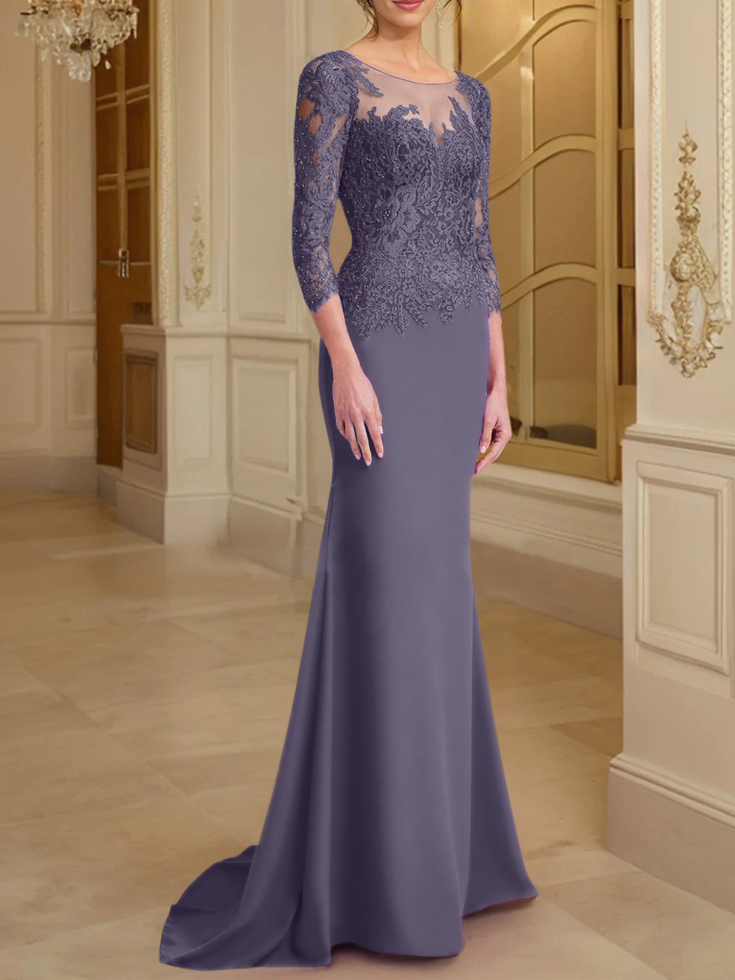 Vestidos de madre de la novia con mangas largas, corte trompeta/sirena y encaje