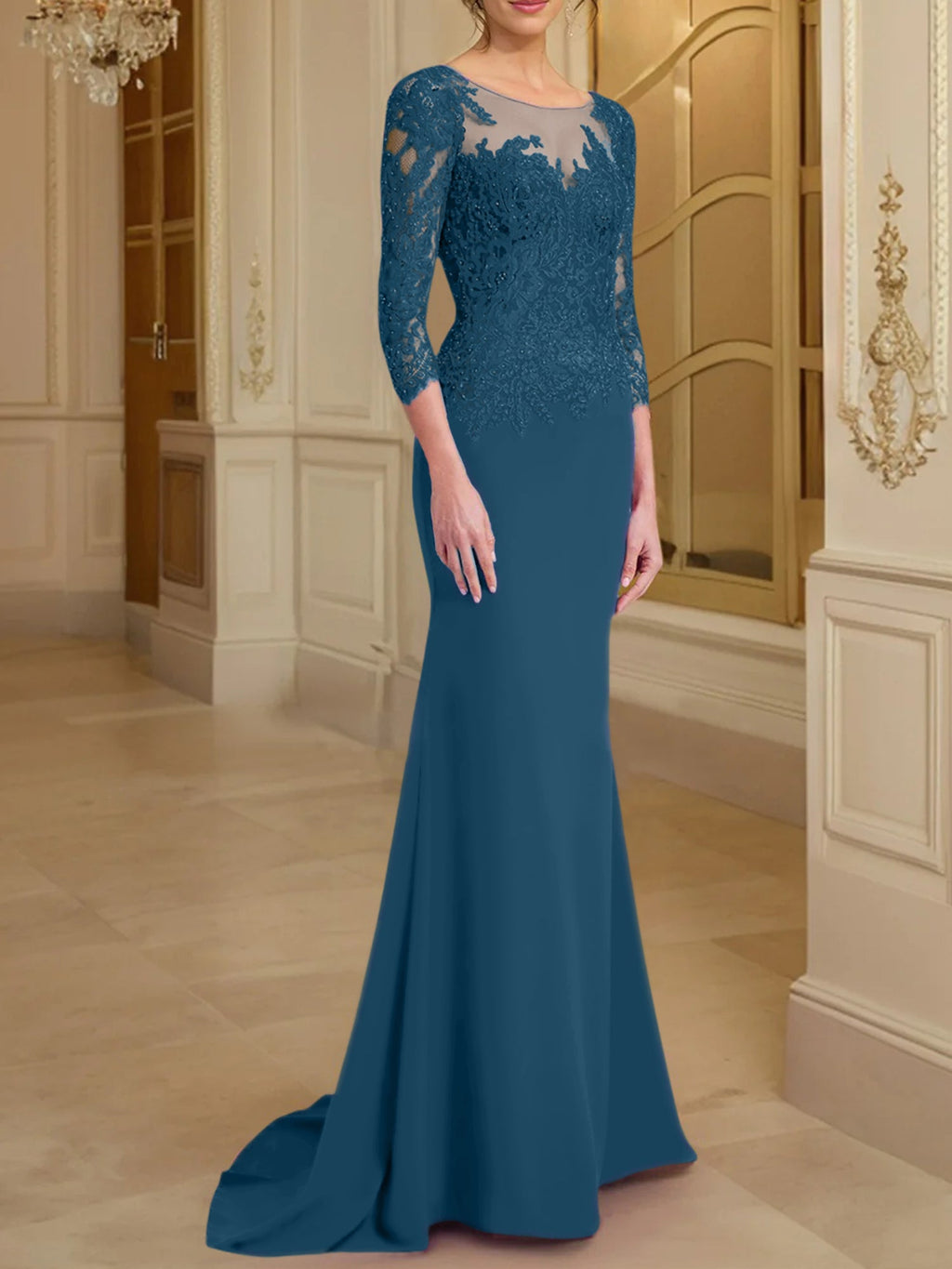 Vestidos de madre de la novia con mangas largas, corte trompeta/sirena y encaje
