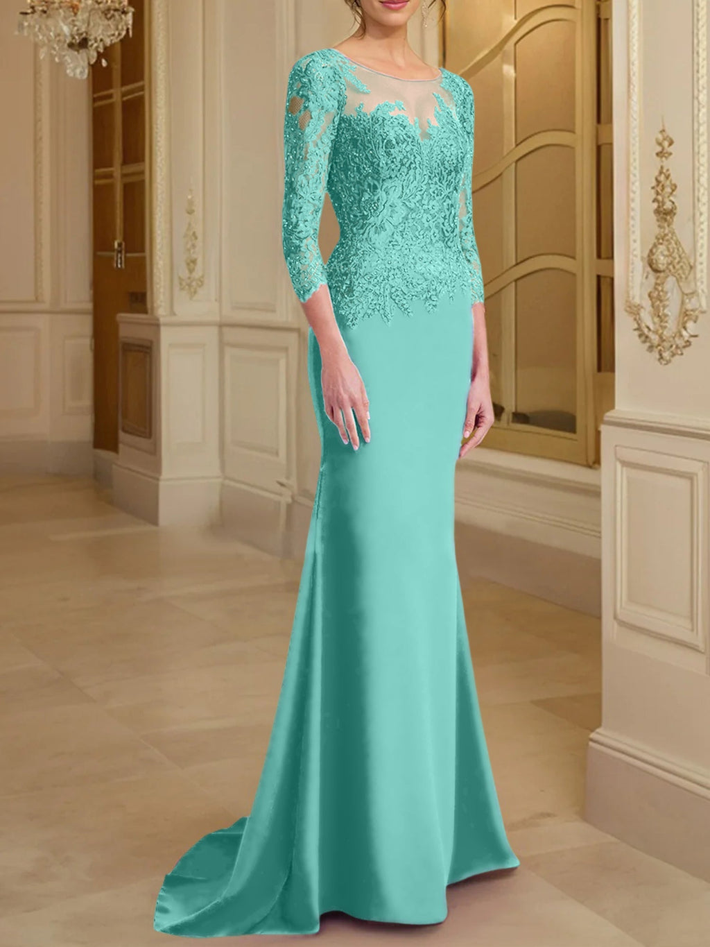 Vestidos de madre de la novia con mangas largas, corte trompeta/sirena y encaje