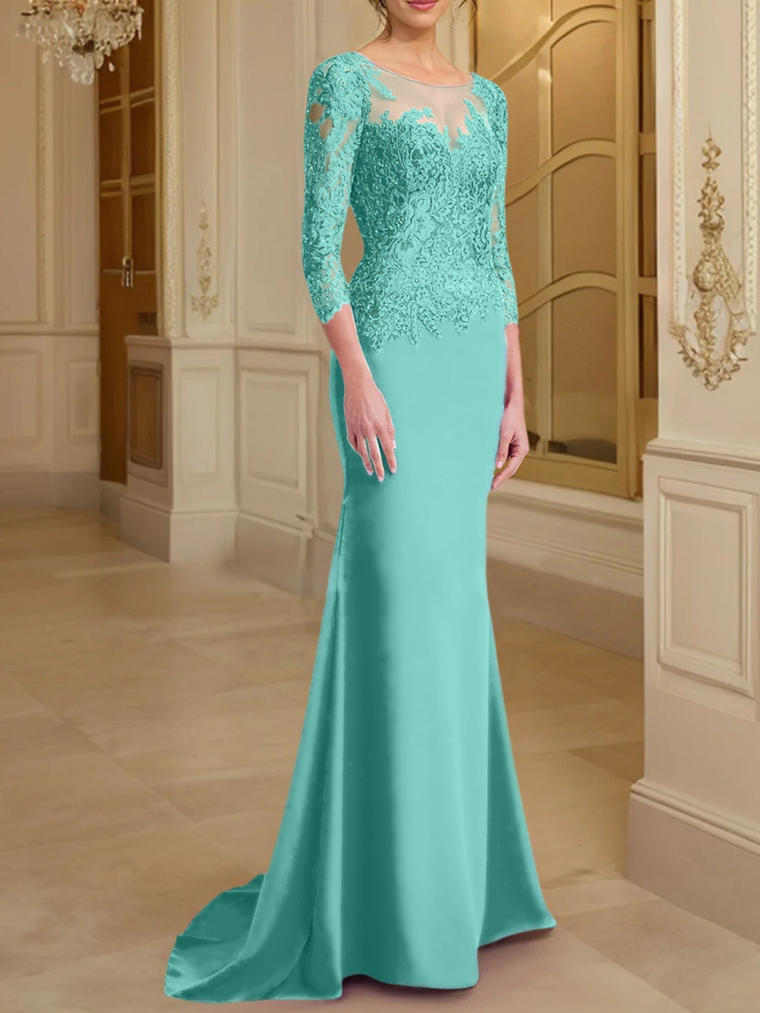 Vestidos de madre de la novia con mangas largas, corte trompeta/sirena y encaje