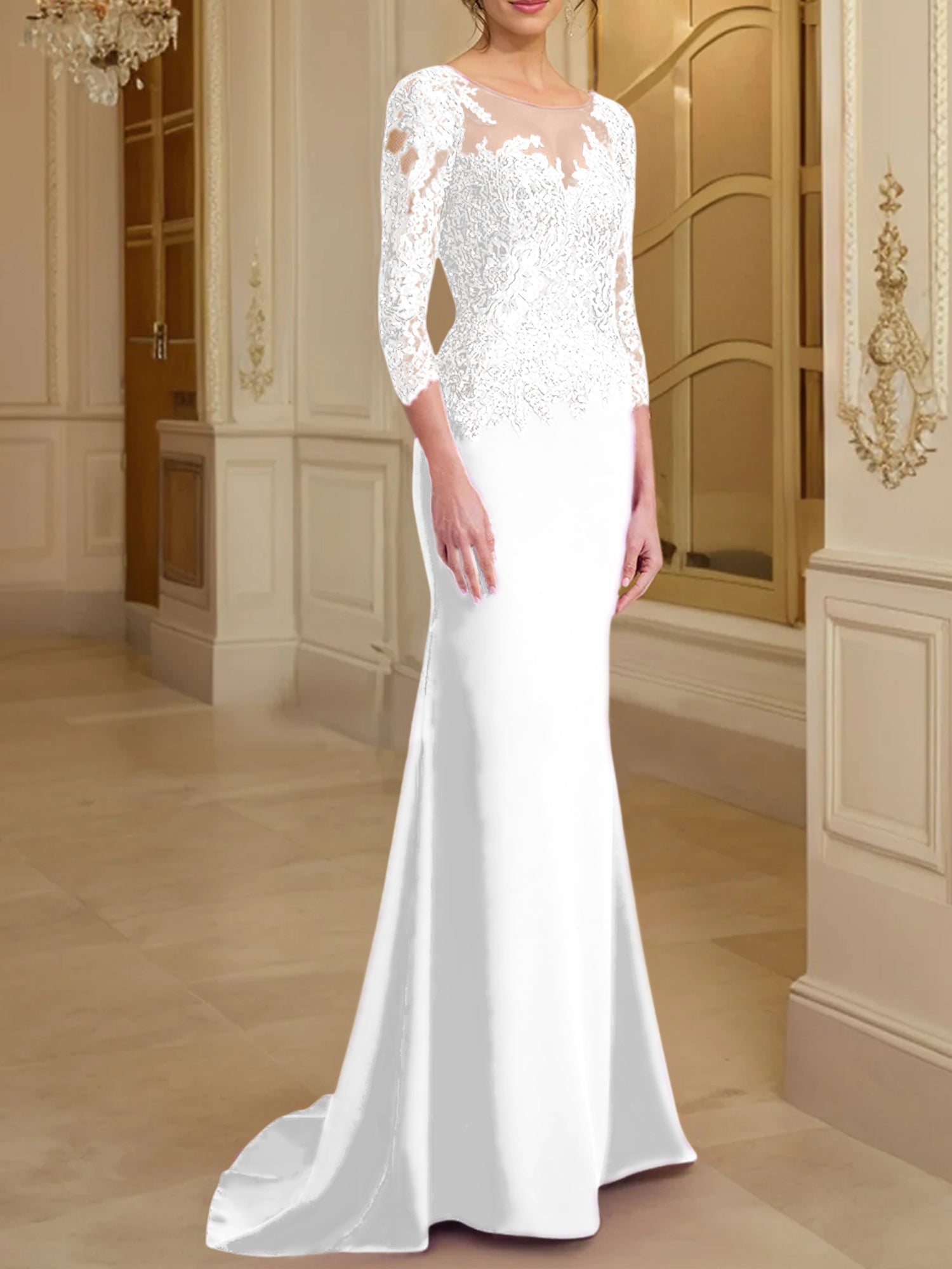 Vestidos de madre de la novia con mangas largas, corte trompeta/sirena y encaje