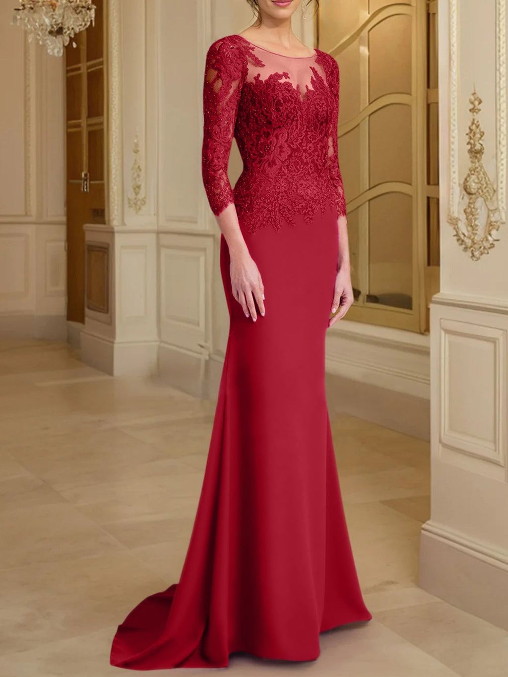 Vestidos de madre de la novia con mangas largas, corte trompeta/sirena y encaje