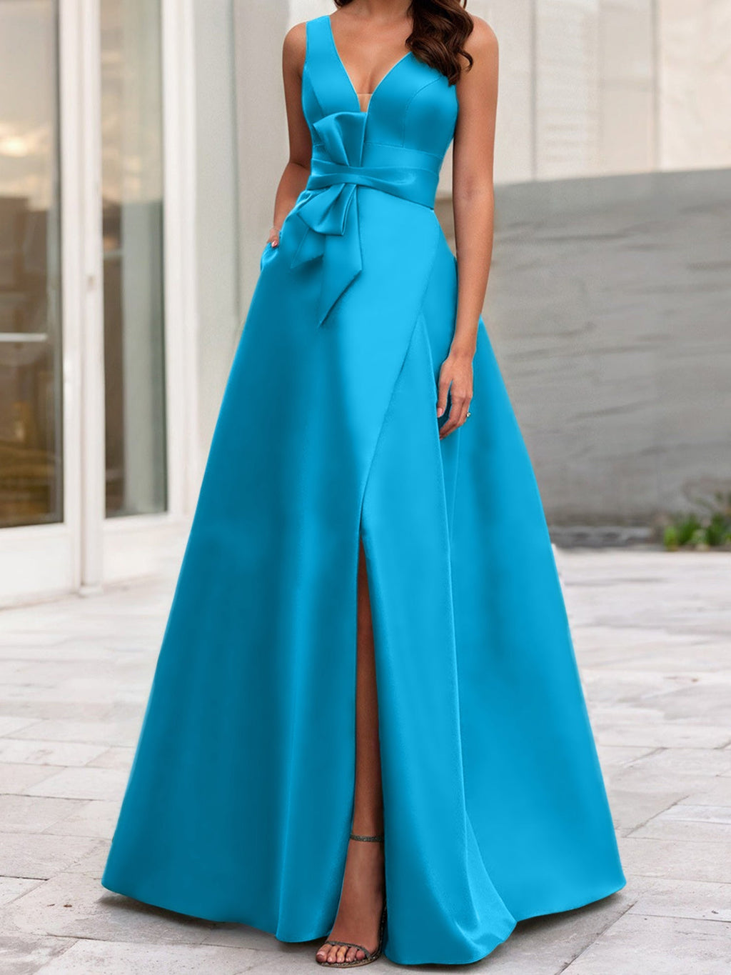 Vestidos de madre de la novia de corte A/princesa, escote en V, sin mangas, con abertura lateral