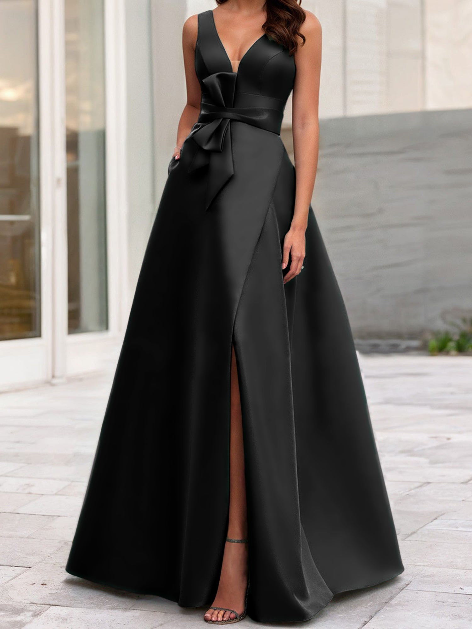 Vestidos de madre de la novia de corte A/princesa, escote en V, sin mangas, con abertura lateral