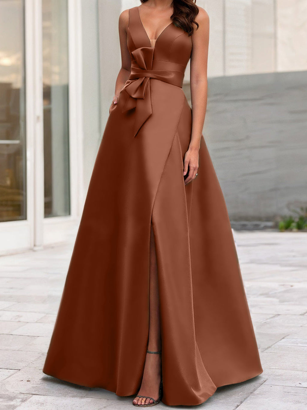Vestidos de madre de la novia de corte A/princesa, escote en V, sin mangas, con abertura lateral