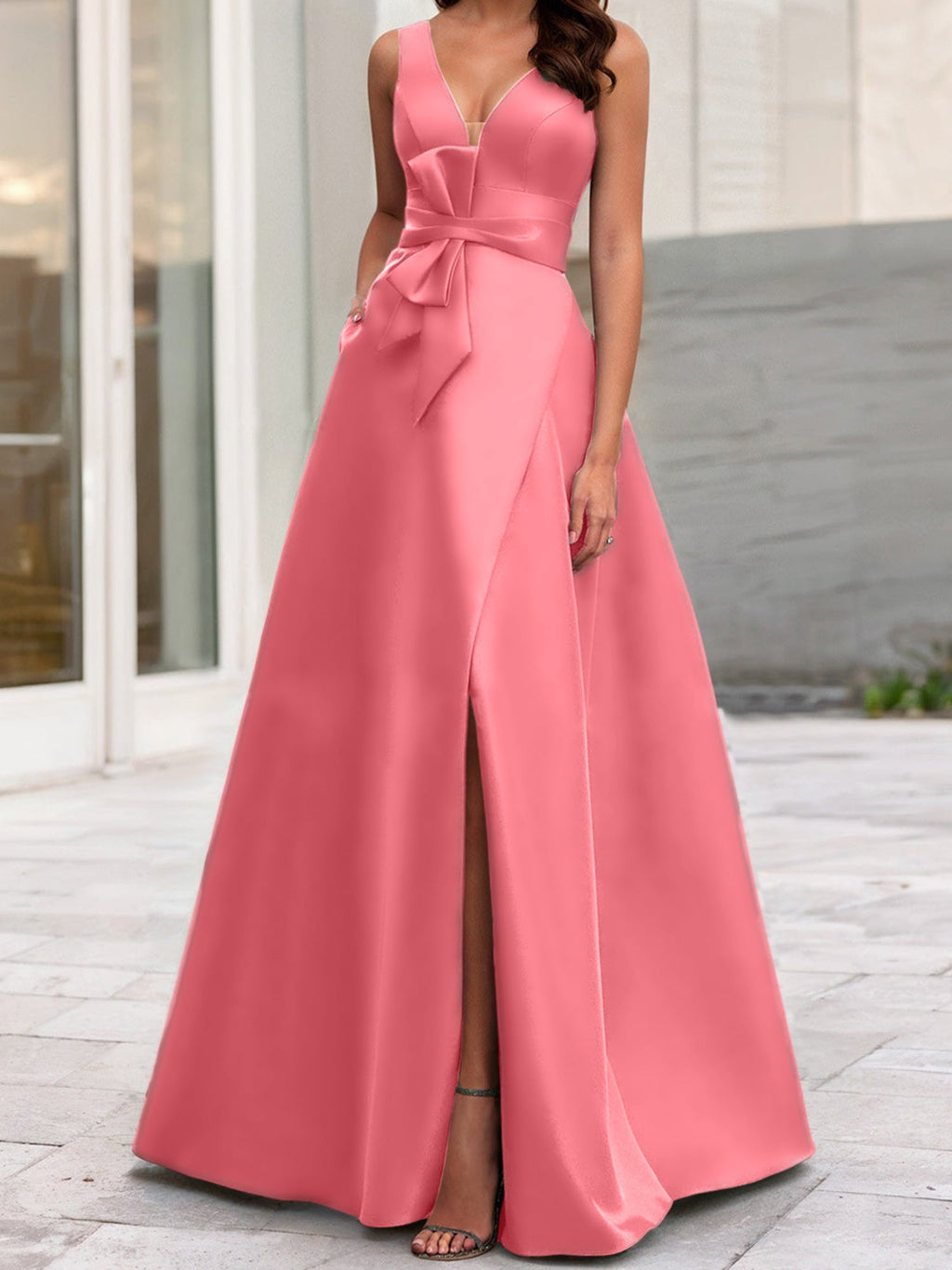 Vestidos de madre de la novia de corte A/princesa, escote en V, sin mangas, con abertura lateral