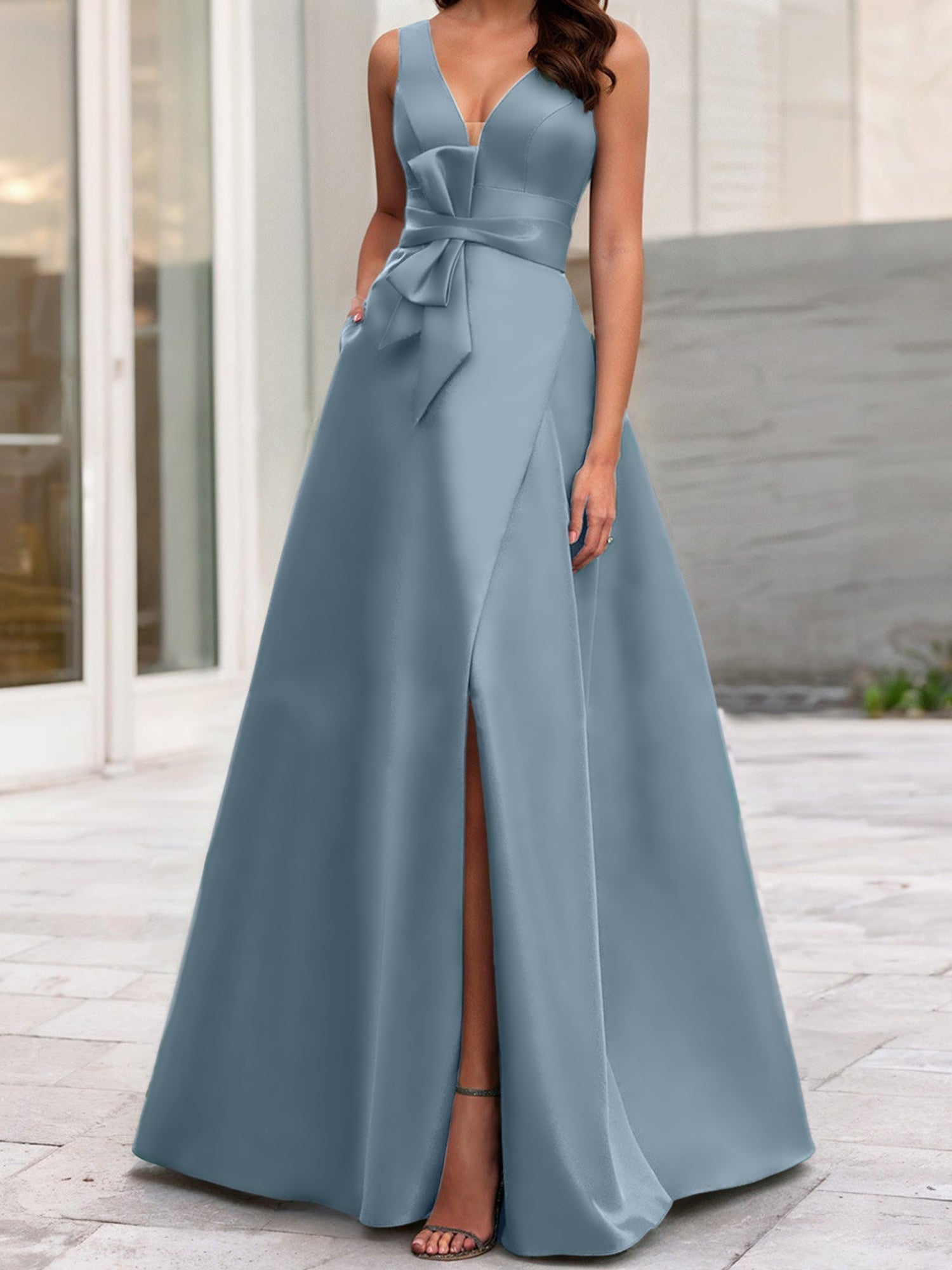 Vestidos de madre de la novia de corte A/princesa, escote en V, sin mangas, con abertura lateral