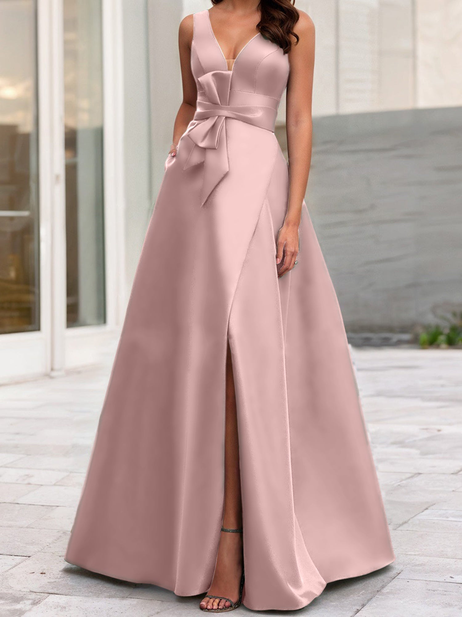 Vestidos de madre de la novia de corte A/princesa, escote en V, sin mangas, con abertura lateral