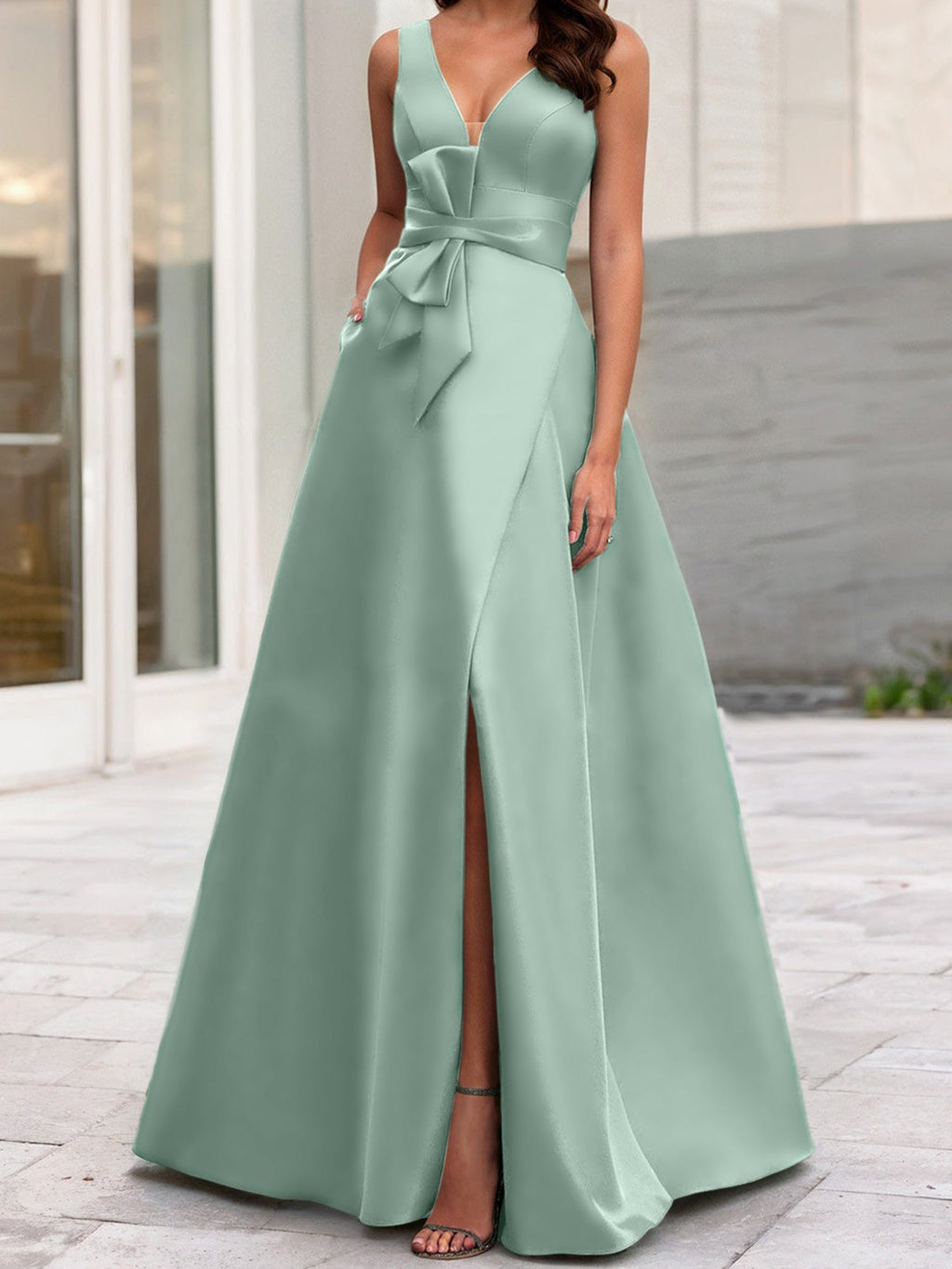 Vestidos de madre de la novia de corte A/princesa, escote en V, sin mangas, con abertura lateral