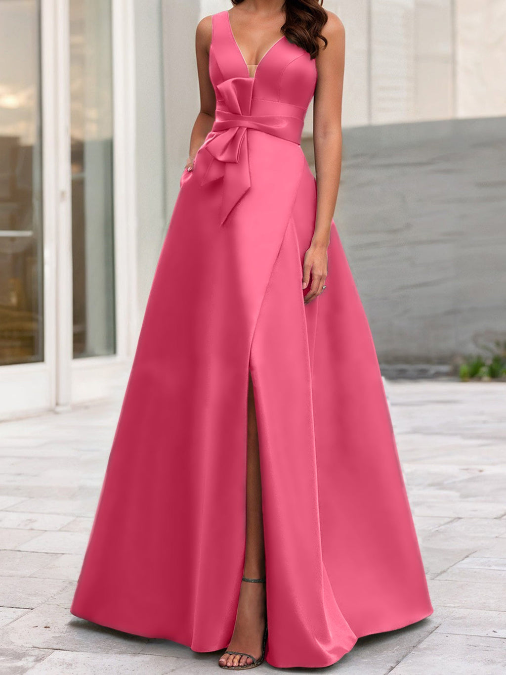 Vestidos de madre de la novia de corte A/princesa, escote en V, sin mangas, con abertura lateral
