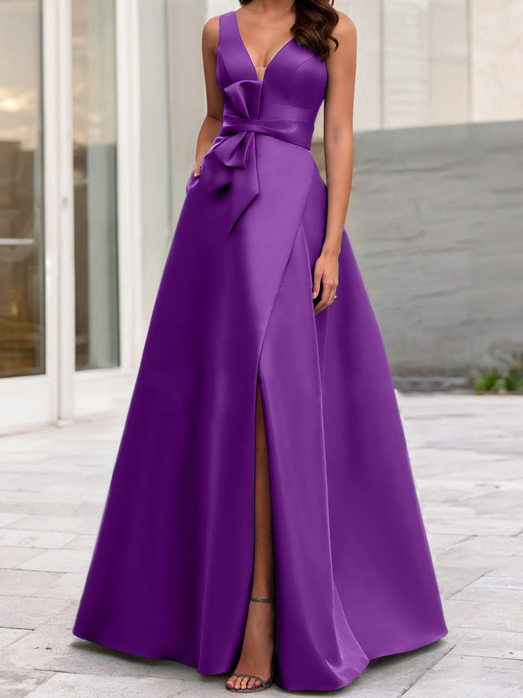 Vestidos de madre de la novia de corte A/princesa, escote en V, sin mangas, con abertura lateral