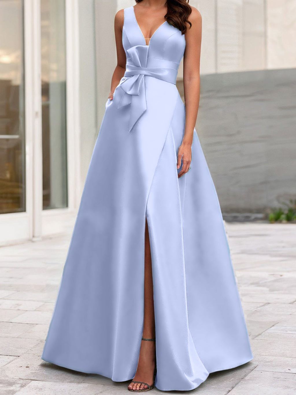 Vestidos de madre de la novia de corte A/princesa, escote en V, sin mangas, con abertura lateral