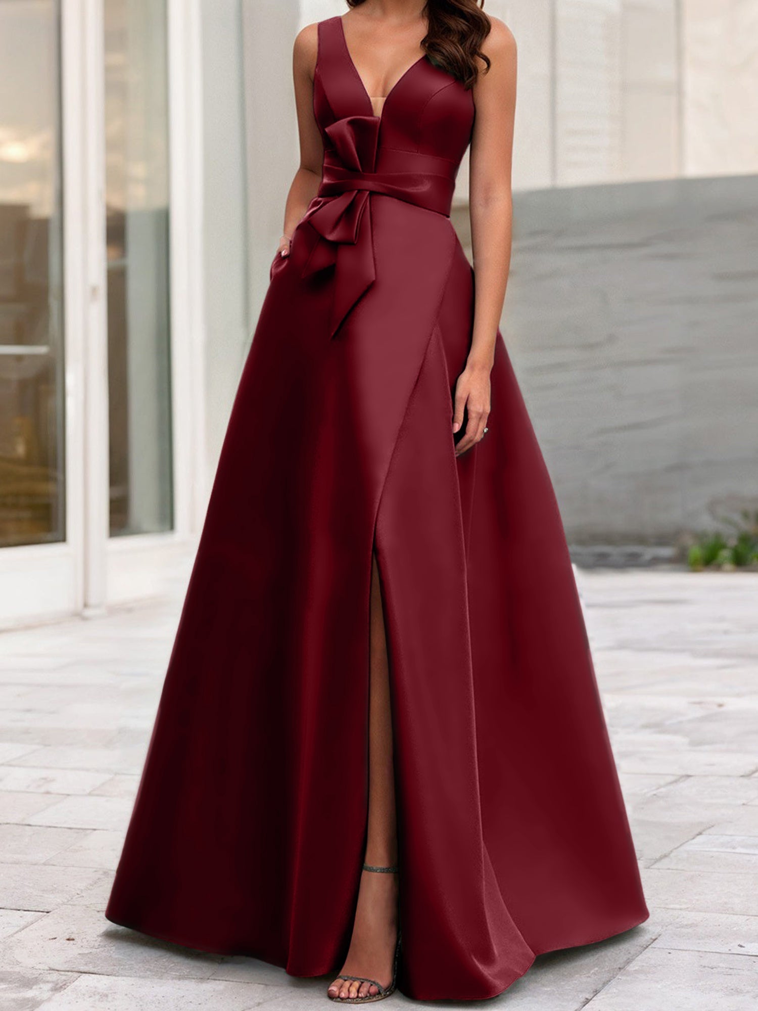 Vestidos de madre de la novia de corte A/princesa, escote en V, sin mangas, con abertura lateral