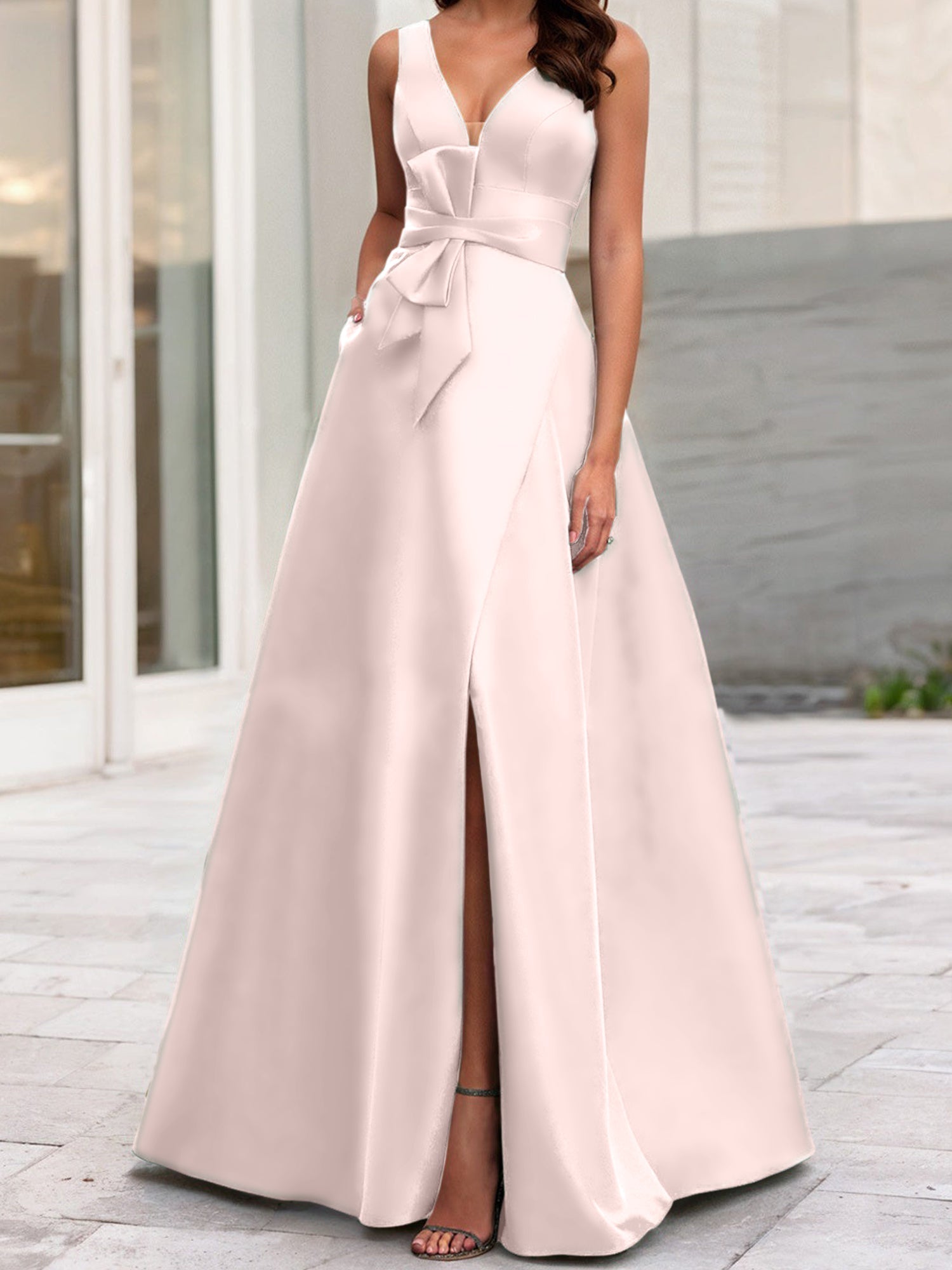 Vestidos de madre de la novia de corte A/princesa, escote en V, sin mangas, con abertura lateral