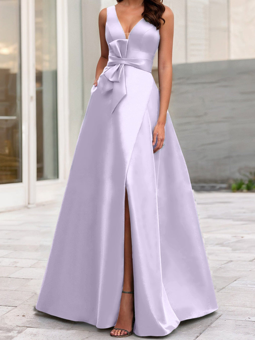 Vestidos de madre de la novia de corte A/princesa, escote en V, sin mangas, con abertura lateral