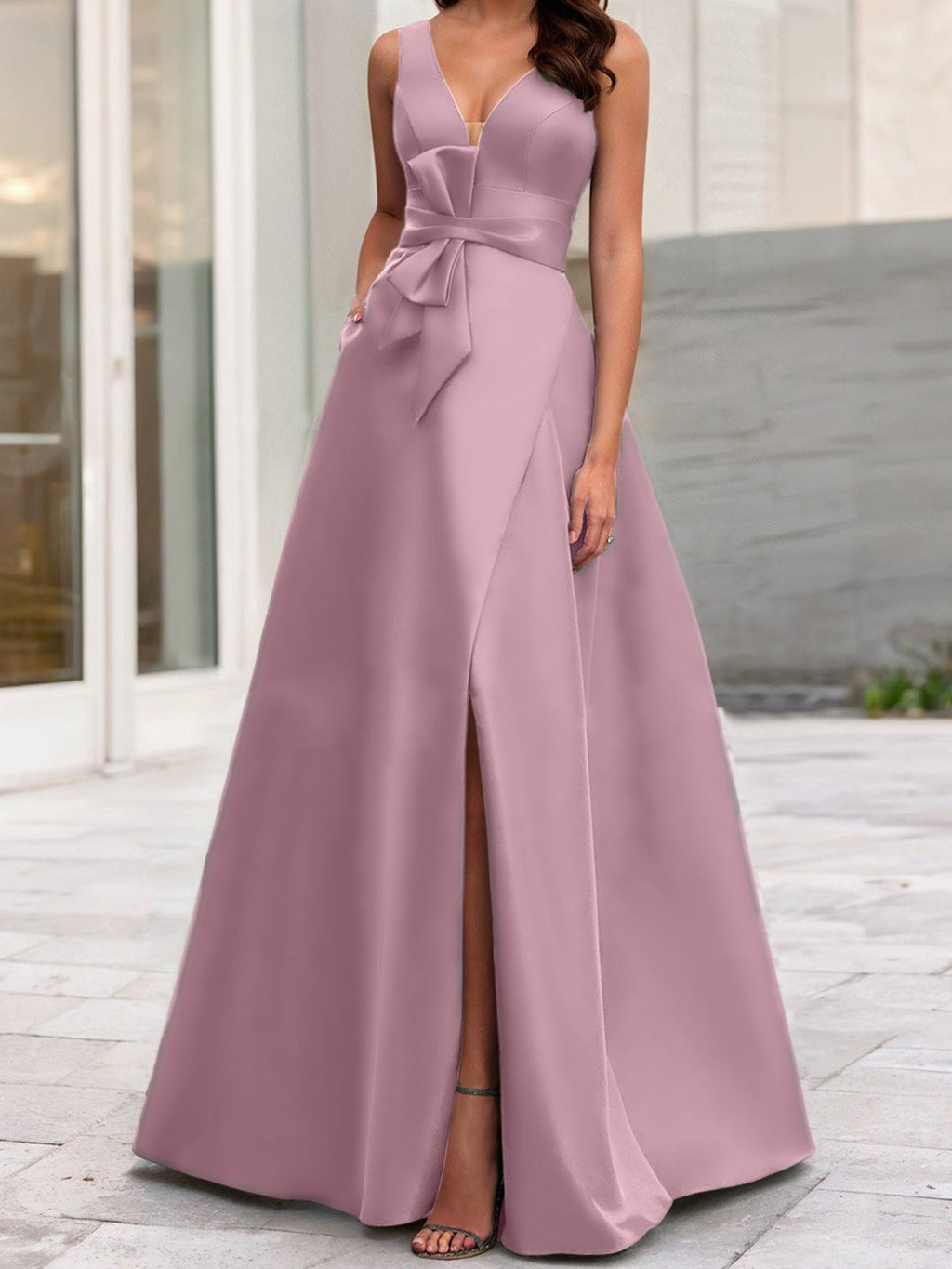 Vestidos de madre de la novia de corte A/princesa, escote en V, sin mangas, con abertura lateral