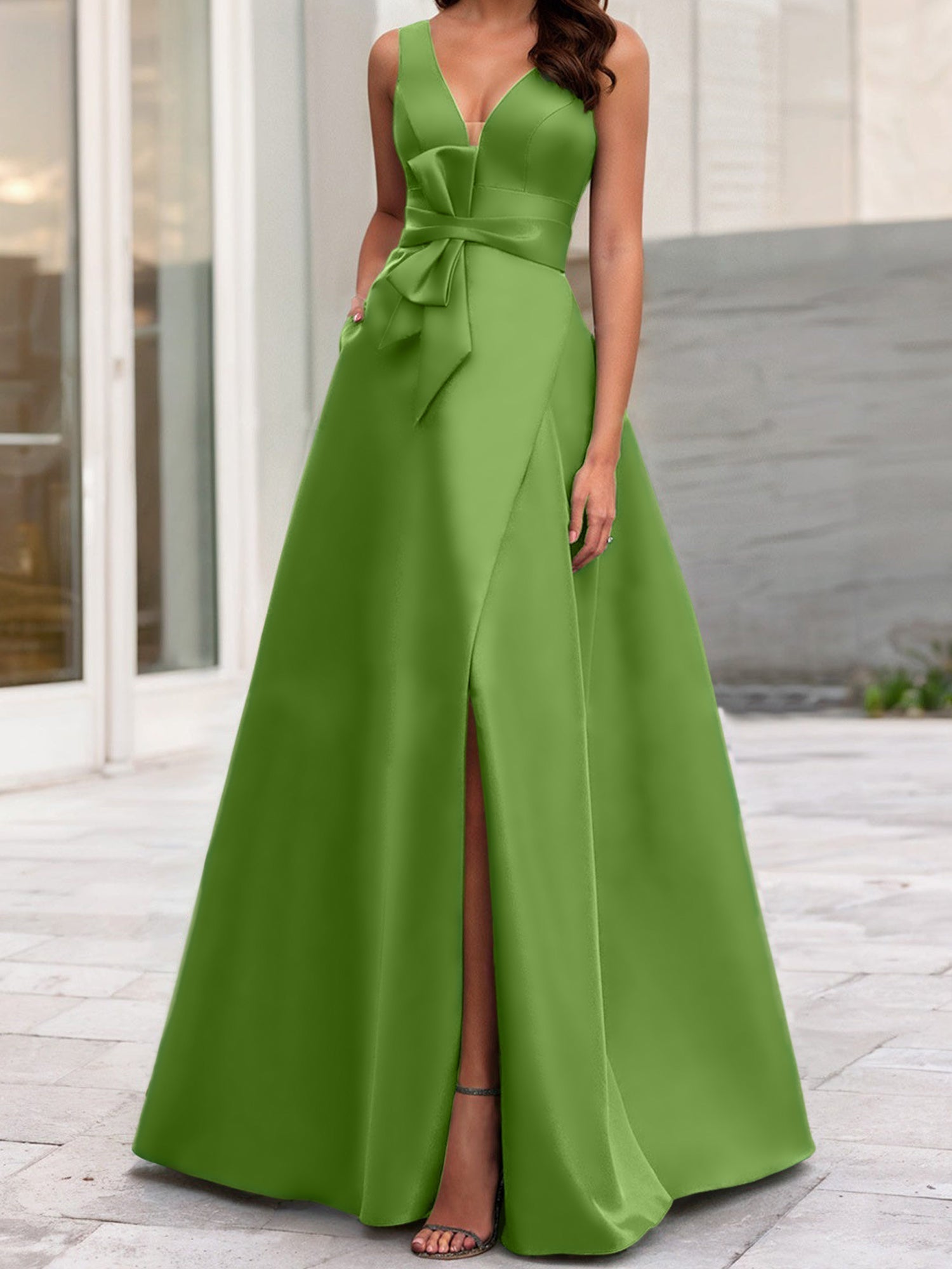 Vestidos de madre de la novia de corte A/princesa, escote en V, sin mangas, con abertura lateral