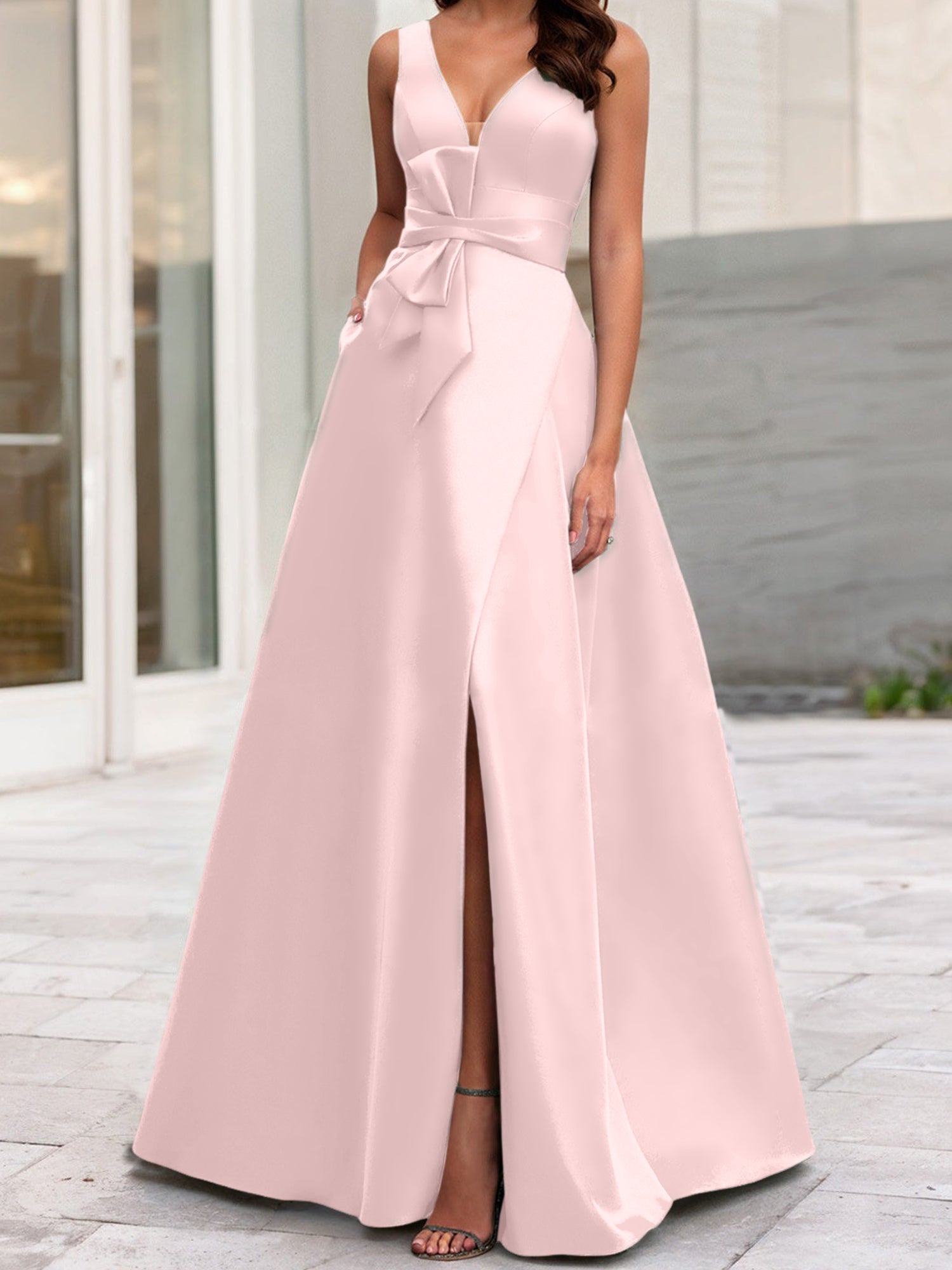 Vestidos de madre de la novia de corte A/princesa, escote en V, sin mangas, con abertura lateral