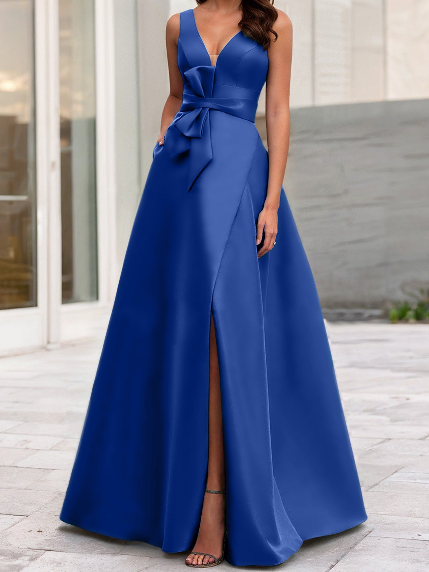 Vestidos de madre de la novia de corte A/princesa, escote en V, sin mangas, con abertura lateral