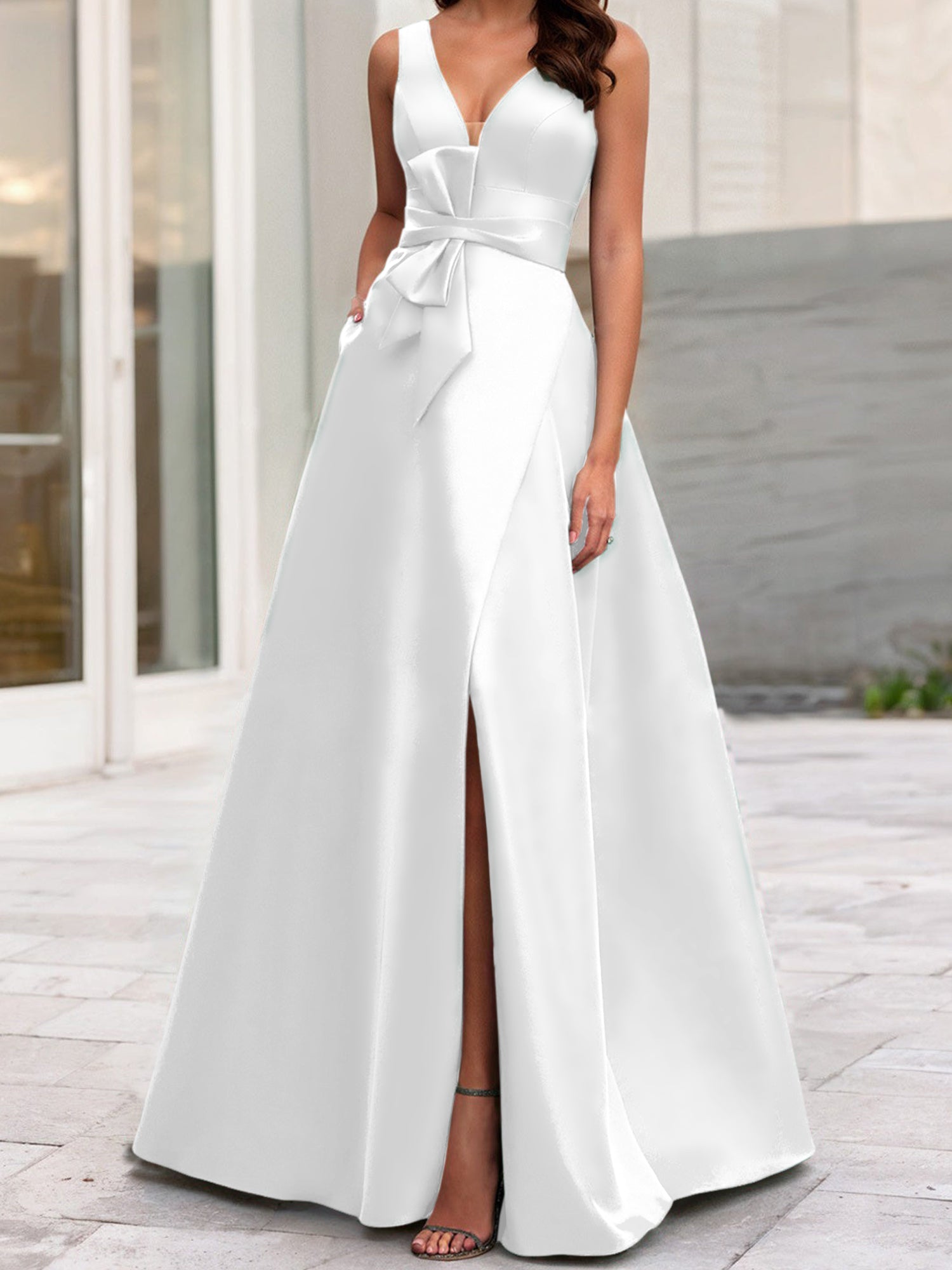 Vestidos de madre de la novia de corte A/princesa, escote en V, sin mangas, con abertura lateral