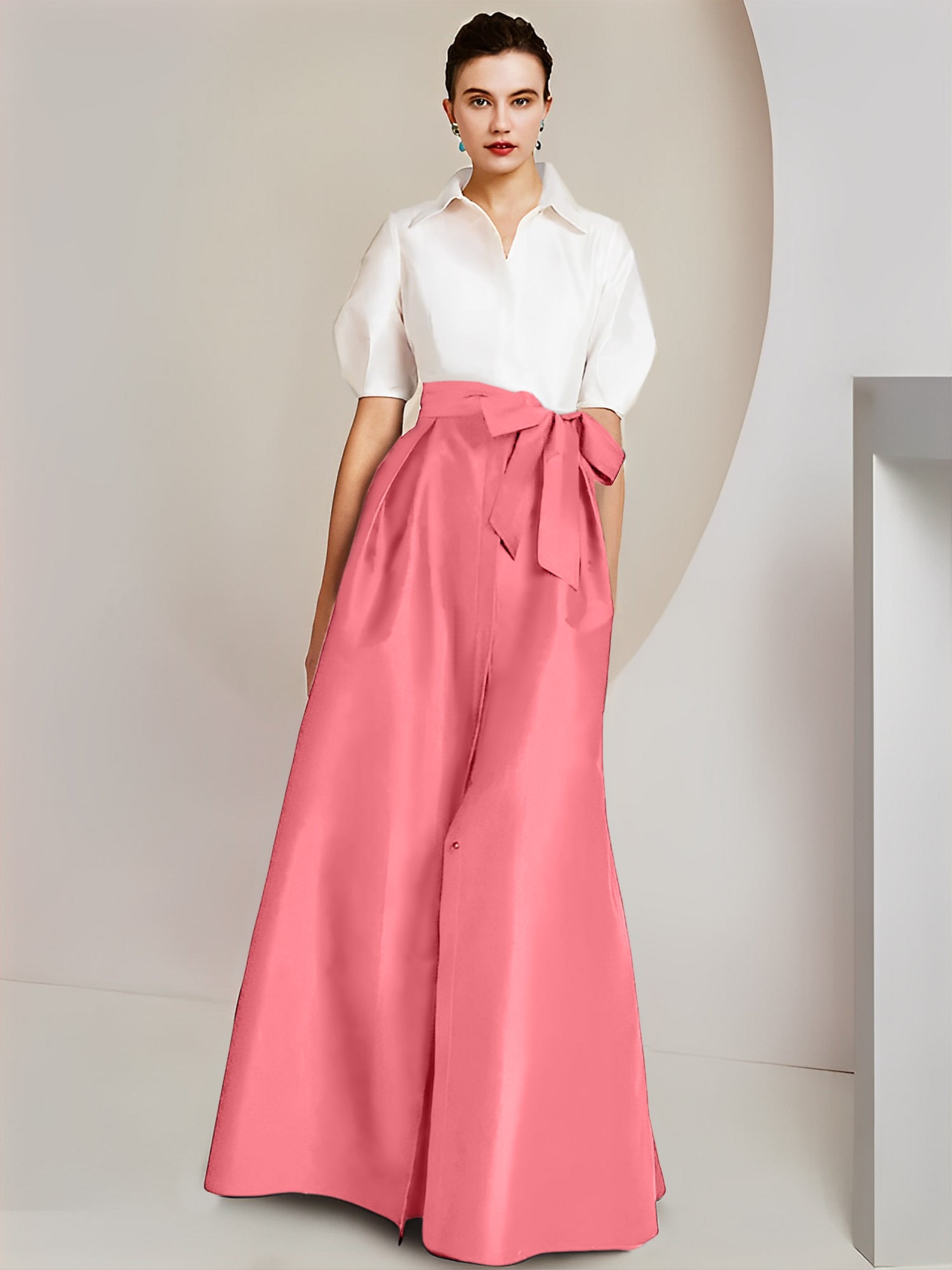 Vestido de 2 piezas para madre de la novia, corte A/princesa, cuello camisero, mangas cortas