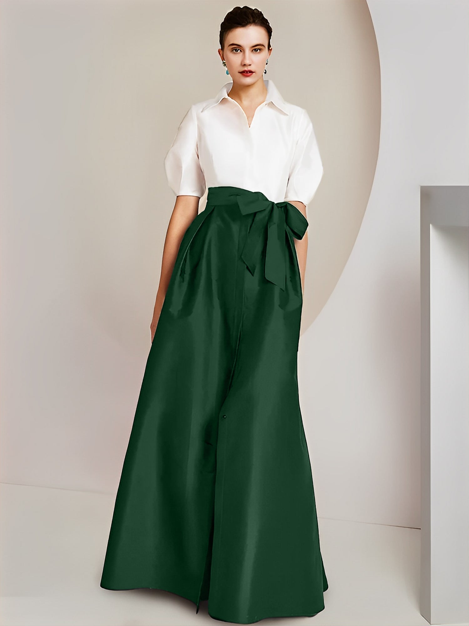 Vestido de 2 piezas para madre de la novia, corte A/princesa, cuello camisero, mangas cortas