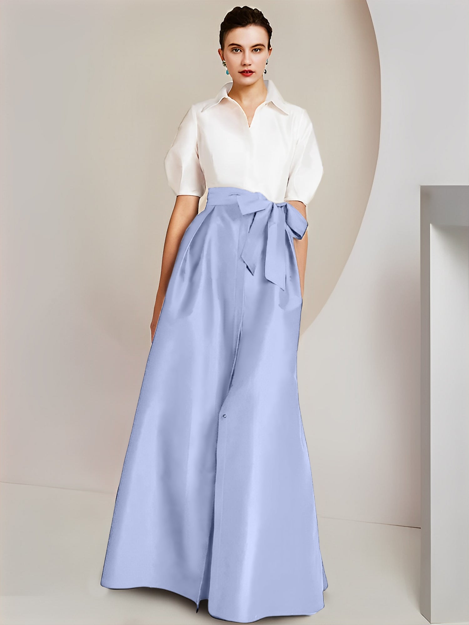 Vestido de 2 piezas para madre de la novia, corte A/princesa, cuello camisero, mangas cortas
