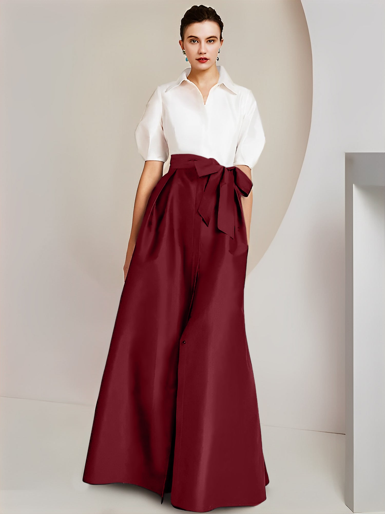 Vestido de 2 piezas para madre de la novia, corte A/princesa, cuello camisero, mangas cortas