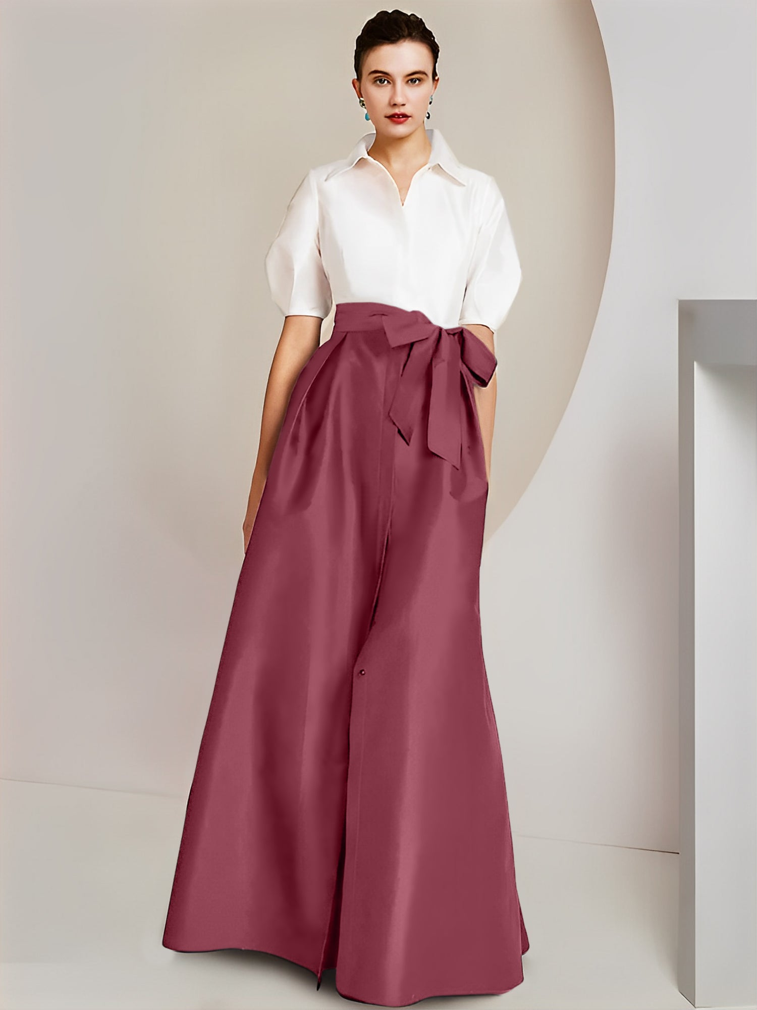 Vestido de 2 piezas para madre de la novia, corte A/princesa, cuello camisero, mangas cortas