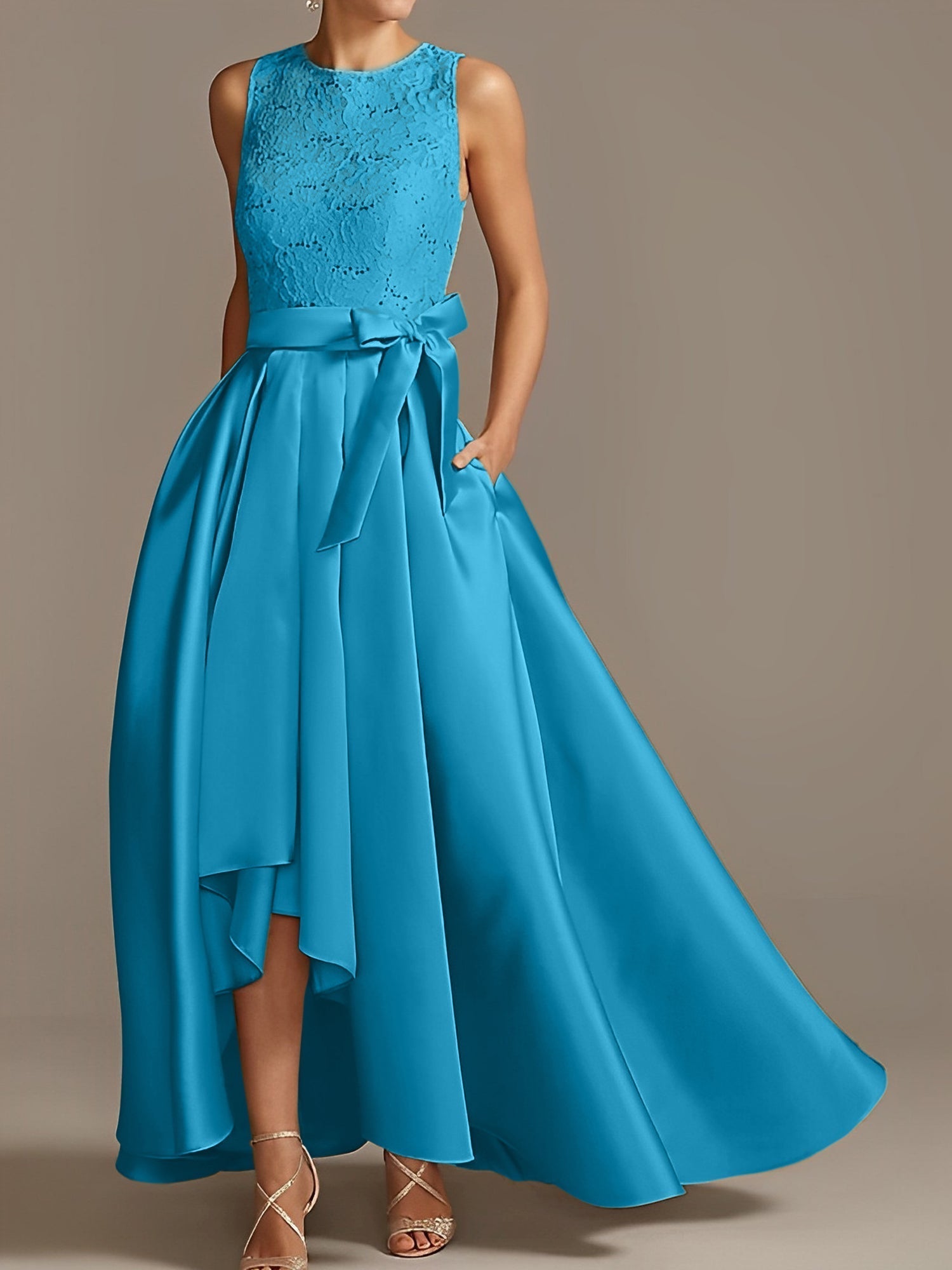 Vestidos de madre de la novia de corte A/princesa, sin mangas, con escote joya y encaje plisado