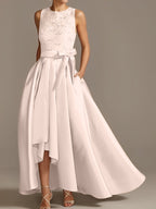 Vestidos de madre de la novia de corte A/princesa, sin mangas, con escote joya y encaje plisado