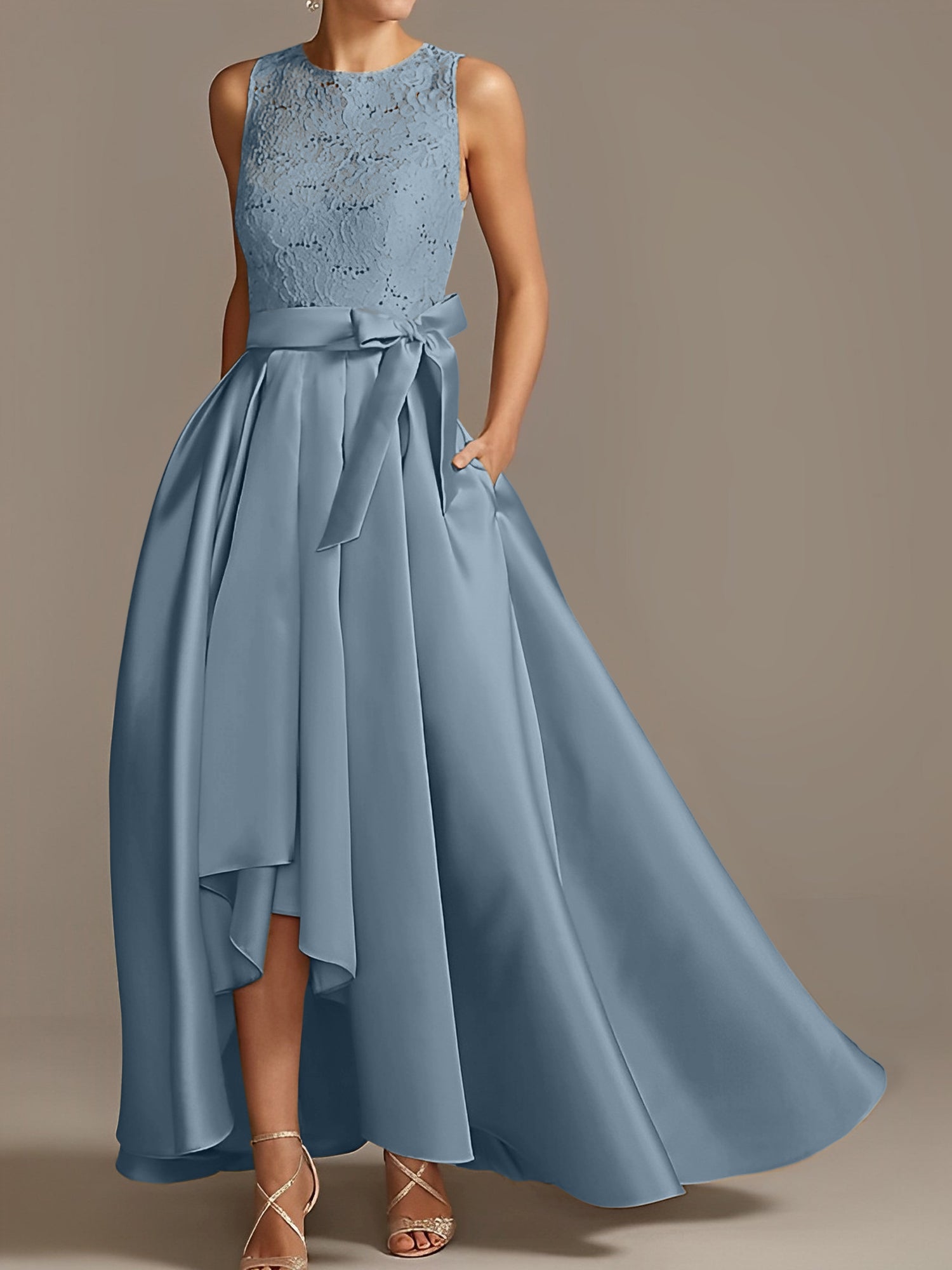 Vestidos de madre de la novia de corte A/princesa, sin mangas, con escote joya y encaje plisado