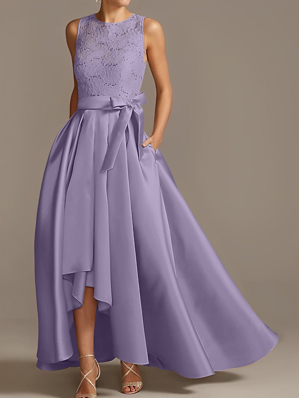 Vestidos de madre de la novia de corte A/princesa, sin mangas, con escote joya y encaje plisado