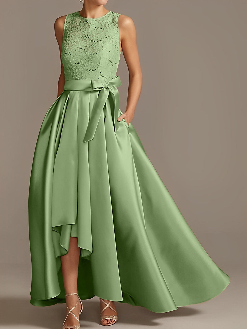 Vestidos de madre de la novia de corte A/princesa, sin mangas, con escote joya y encaje plisado