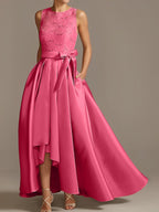 Vestidos de madre de la novia de corte A/princesa, sin mangas, con escote joya y encaje plisado