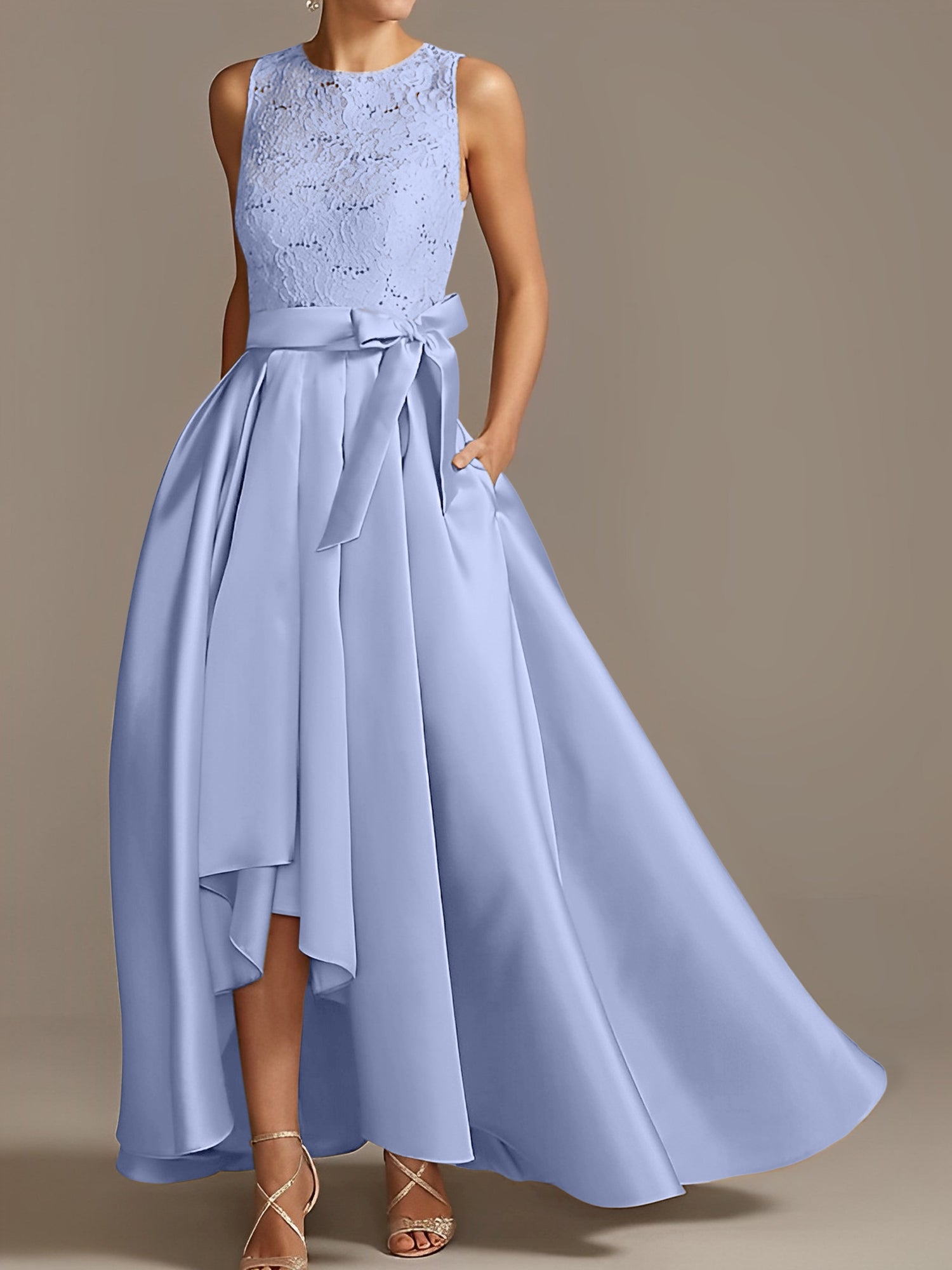 Vestidos de madre de la novia de corte A/princesa, sin mangas, con escote joya y encaje plisado