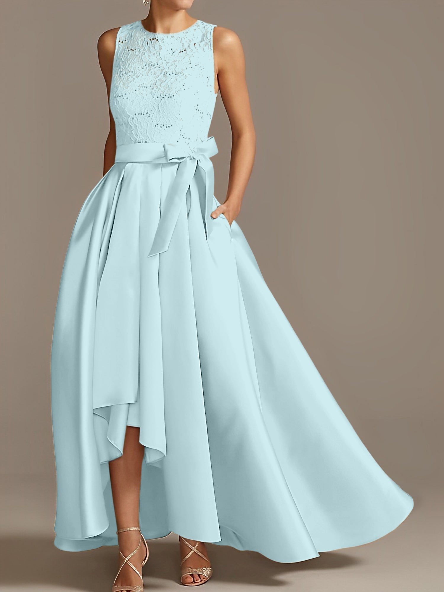 Vestidos de madre de la novia de corte A/princesa, sin mangas, con escote joya y encaje plisado