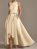 Vestidos de madre de la novia de corte A/princesa, sin mangas, con escote joya y encaje plisado