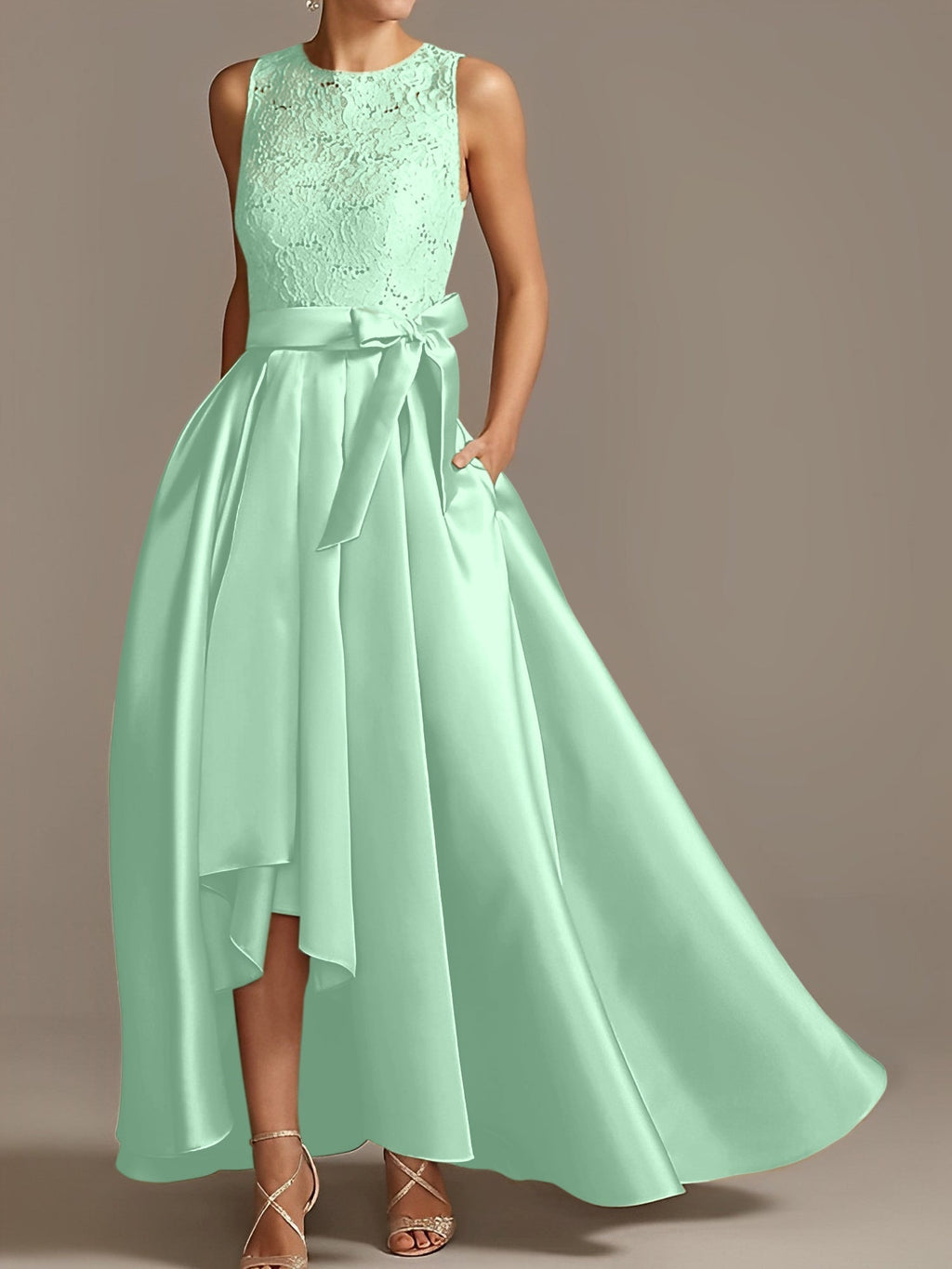 Vestidos de madre de la novia de corte A/princesa, sin mangas, con escote joya y encaje plisado