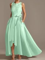 Vestidos de madre de la novia de corte A/princesa, sin mangas, con escote joya y encaje plisado