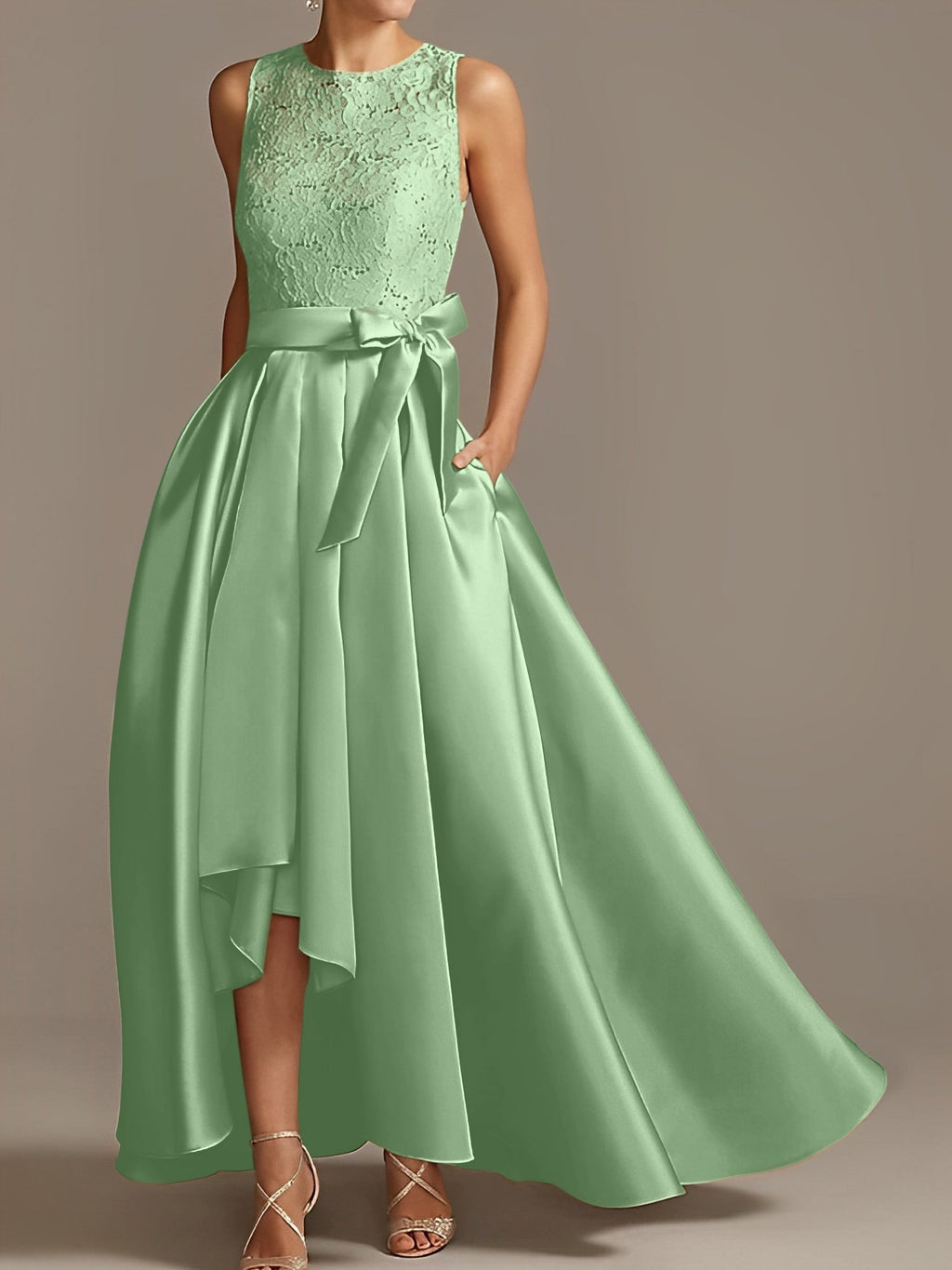 Vestidos de madre de la novia de corte A/princesa, sin mangas, con escote joya y encaje plisado