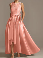 Vestidos de madre de la novia de corte A/princesa, sin mangas, con escote joya y encaje plisado