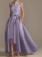 Vestidos de madre de la novia de corte A/princesa, sin mangas, con escote joya y encaje plisado