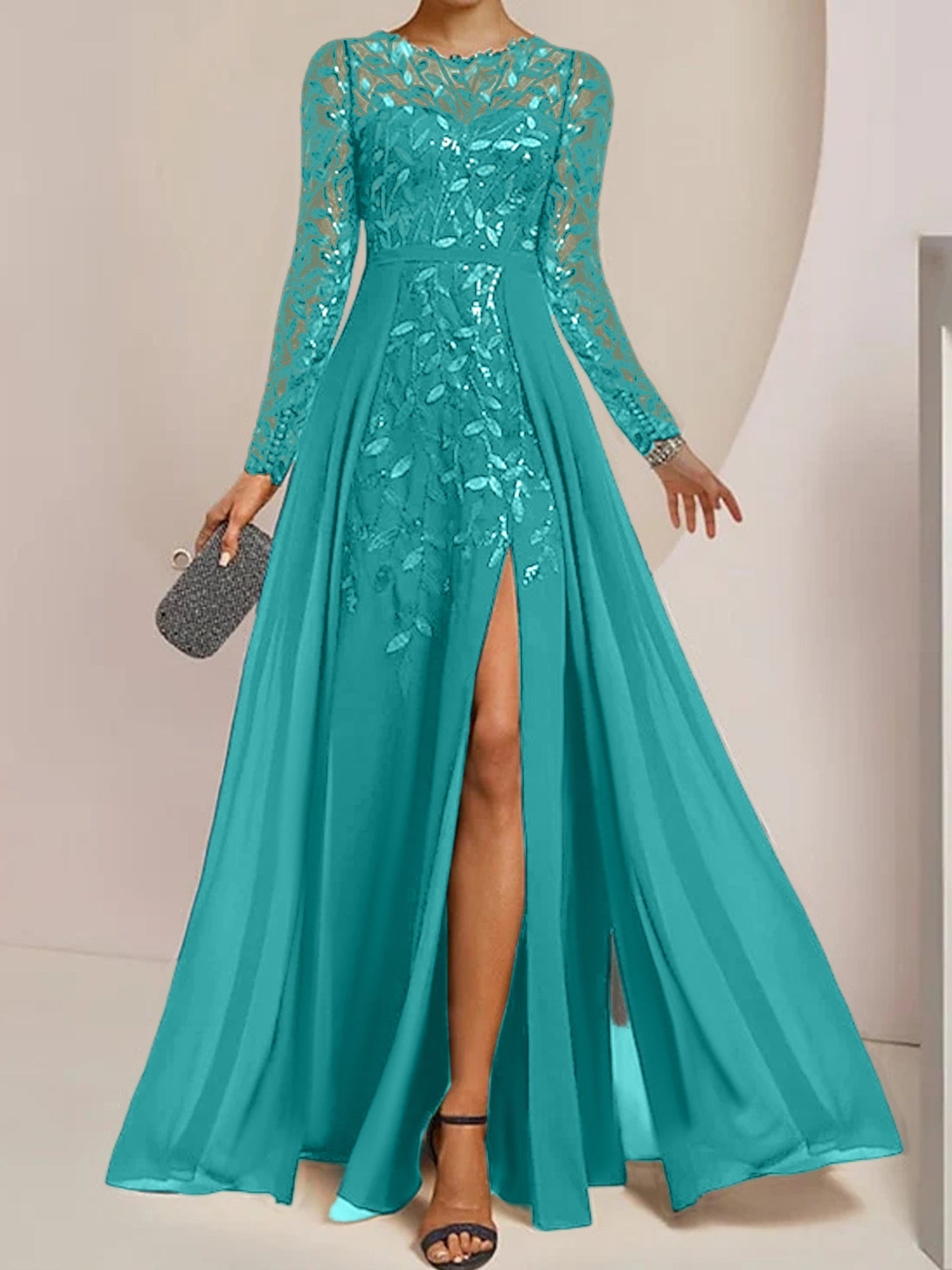 Vestidos de madre de la novia de corte A/princesa, largo hasta el suelo, con volantes laterales abiertos y lentejuelas